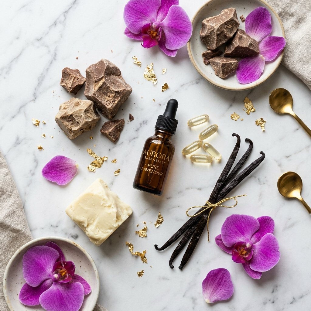 Ingredientes naturales manteca de cacao karite vainilla y vitamina E